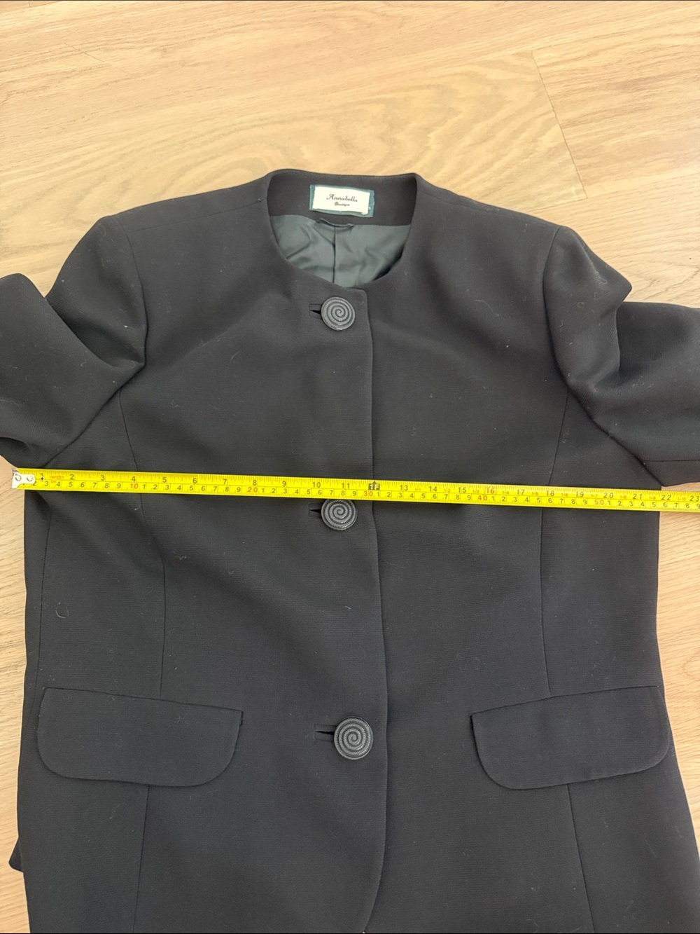 Annabella Boutique Italy Pure New Wool Collarless Black Blazer Jacket Sz 47 / M - Picture 5 of 9